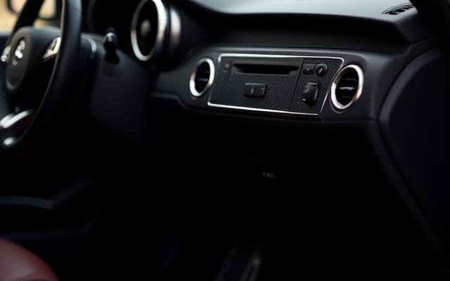 Interior de un coche de lujo con un sistema de sonido personalizado instalado, mostrando altavoces de alta gama y una unidad central moderna.